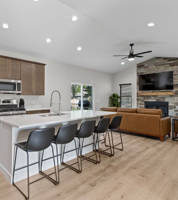 Open concept living room and kitchen island
